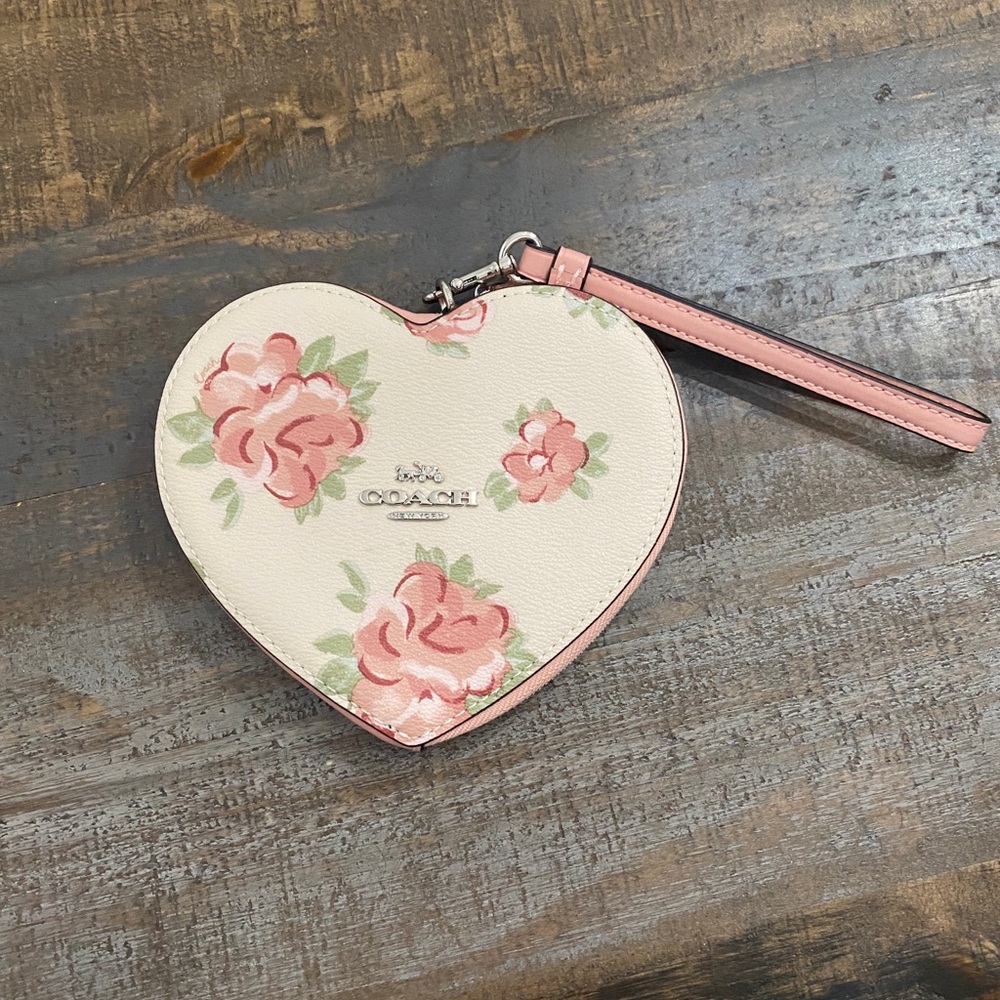 Coach heart-shaped coin purse with rose pattern
